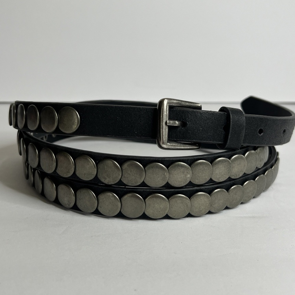 Studded Silver Genuine Leather Blk Belt Disc Punk Rock Gothic Heavy Metal Sz S/M